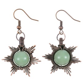 TUMBEELLUWA Handmade Sun Dangle Earrings for Women, Wire Wrapped Crystal Stone Drop Earrings, Bronze Copper & Green Aventurine
