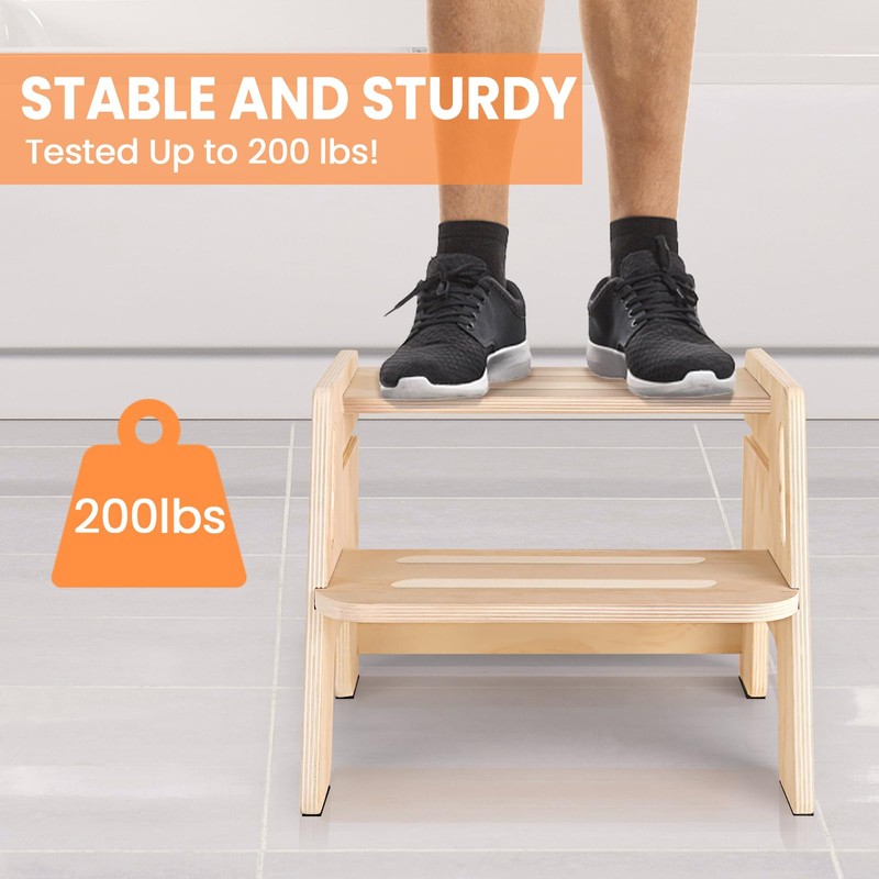 2 Pack Toddler Step Stool, Wooden Height-Adjustable 2-Step Stool for
