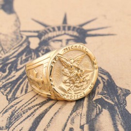 Dacai Golden Saints Michael The Archangel ST. Medal Stainless Steel Amulet Protection Mens Womens Cross Ring Size 11