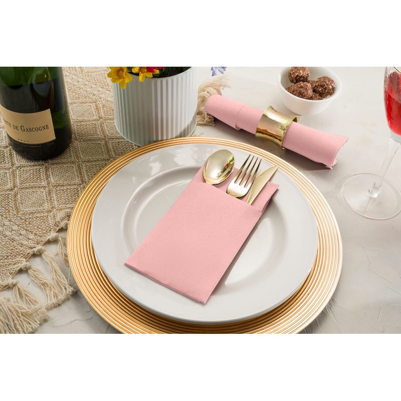 50-Pack Disposable Linen-Feel Dinner Napkins with Built-in Flatware Pocket, PINK