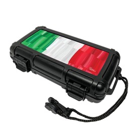 Cigar Caddy Travel Humidor, Art by Charlie Turano III, 5 Cigar Capacity, Waterproof to 100 Feet Deep, Airtight, 1 Humidifier Disc in Lid, Stainless Steel Latch Hinges, Italy Flag
