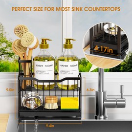 DYFVPOU 2-Tier Rustproof Kitchen Sink Caddy with Self-Draining Tray, Dish Brush & Sponge Holder, Non-Slip Base - Black