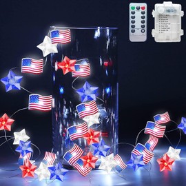 Independence Day Decor LED String Lights Battery Operated with Remote 10 ft 30 LED,USA American Stars Flag Lighting for Bedroom Patriotic Decoration