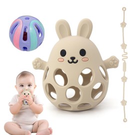 Teething Ring & Rattle for Babies - Sensory Toy from 0 Months, Teething Aid & Grasping Ball - Gift for Boys & Girls Rabbit (White)