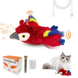 ipawspace Interactive Flapping Bird Cat Toy with Catnip, Touch Activated Rechargeable, Musical Sound (can Turn Off), Satisfy Cat's Natural Huting Instinct, Soft Plush Washable Cover (Red)