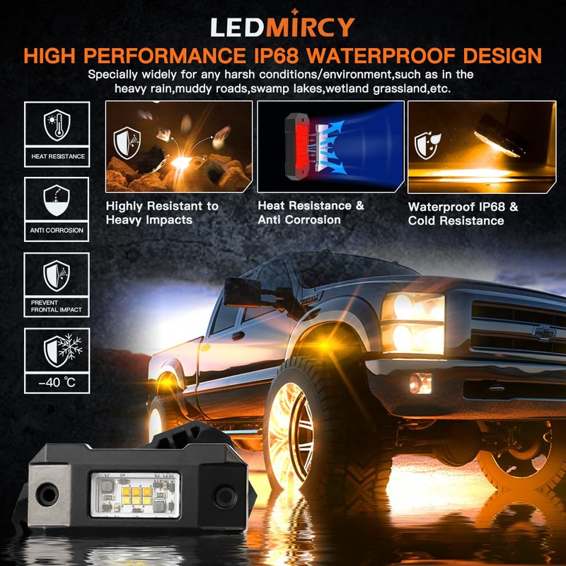LEDMIRCY Switchback LED Rock Lights Kit White/Amber Strobe with Wiring