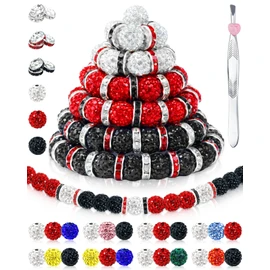 180PCS FIVEIZERO Rhinestone Beads for Baseball Necklace Bracelets Jewelry Making, 10mm Sparkly Round Crystal Clay Beads Rhinestone Spacer for Bracelets and DIY Crafts(Black White Red)