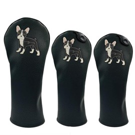 Black French Bulldog PU Leather Golf Club Covers Driver Headcovers Fairway Woods Hybrid Protector with Interchangeable Number Tag