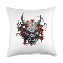 Scary Demon Yokai Oni Mask Japanese Anime Warrior Throw Pillow