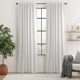 jinchan White Curtains Grey Striped Curtains 84 Inch Length for Living Room Bedroom Window Treatment Modern Linen Look Ticking Stripe Pinstripe Privacy Light Filtering Back Tab Rod Pocket 2 Panels