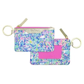 Lilly Pulitzer Blue ID Case Keychain Wallet with Zip Close, Cute Durable Card Holder for Women Teen Girls, Cabana Cocktail