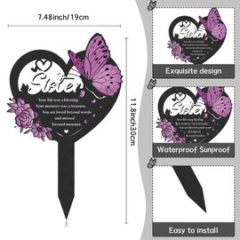 LIRAVENO Memorial Sister Grave Stakes - Metal Butterfly Cemetery Markers Decorations for Loss Sister Purple Heart Humans Remembrance Plaques Decors for Outdoors Black Waterproof Sympathy Garden Gifts