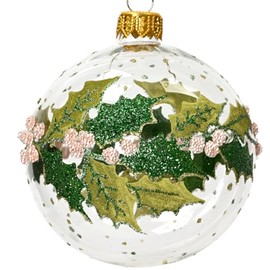 Holly Berries Blown Glass Ornament - European Mouth-Blown Clear Glass Ball