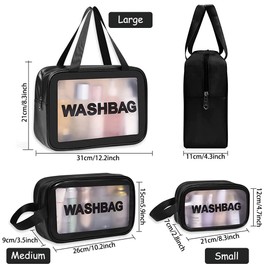 Umtiti 3pcs Waterproof Cosmetic Bag, Cosmetic Bag, Cosmetic Bag, Translucent Travel Supplies Storage Bag, Women and Men, S + M + L (Black, DE, black, Washbag