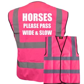 Bright Pink High Visibility Vest with White Text HORSES PLEASE PASS WIDE & SLOW- HORSE RIDING By Brook Hi Vis Medium