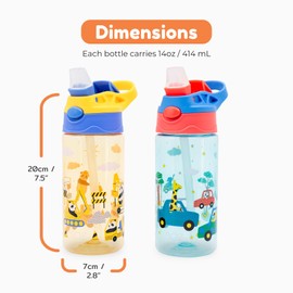 BOZ Flip Water Bottles for Kids 2-Pack - Boys' Cars & Construction Designs, 14 oz, Push Button Pop-Up Straw, Dishwasher Safe, Toddler Leak Proof Water Bottle