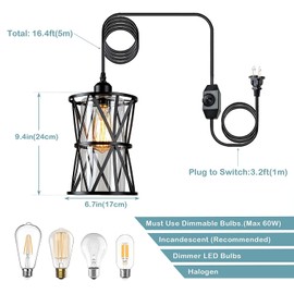 HMVPL Farmhouse Plug in Pendant Light, Outdoor Swag Lamp with Plug in Cord On/Off Dimmer, Plug in Hanging Light Fixture for Dining Room Bedroom Kitchen Island(1 Pack)