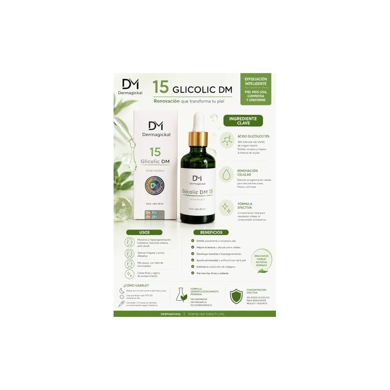 Glicolic DM 15, Suero Facial con Ácido Glicólico, Exfoliante Químico,