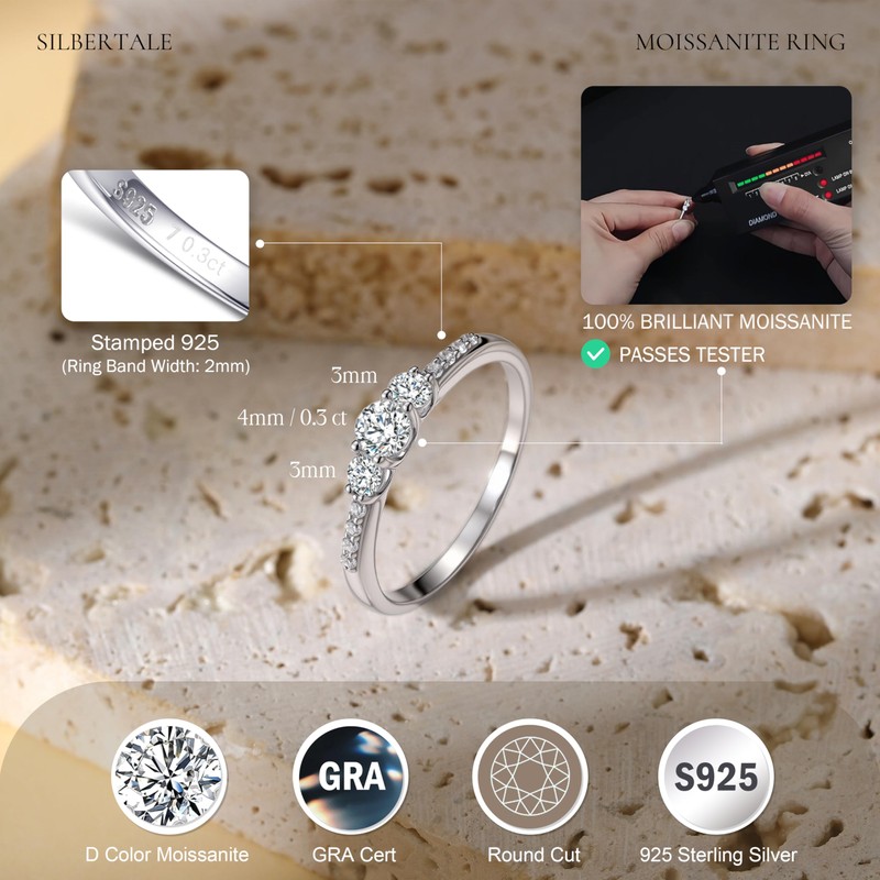 SILBERTALE 3 Round Moissanite Rings for Women- S925 Sterling Silver