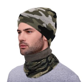 Neer 2 Stück Winter Camouflage Mütze und Halswärmer Set Grün Schwarz Grau Gestrickte Camo Mütze Halsmanschette für Männer Frauen