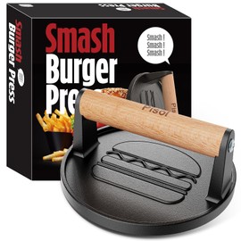 Pisol Smash Burger Press, Pre-Seasoned Cast Iron Hamburger Smasher, 2 lb Heavy-Duty Grill Bacon Meat Press Tool with Wood Handle, 6.6”