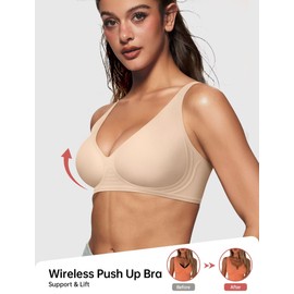 Vertvie Womens Wireless Seamless Bras Deep V No Underwire Push Up Bras Supportive Full Coverage Bralettes Plunge T Shirt Bra(Sand,XX-Large)