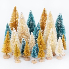 FOGAWA 24pcs Mini Christmas Tree Miniature Christmas Tree Artificial Sisal Snow Frost Trees Bottle Brush Christmas Trees Mini Pine Tree with Wooden Base for Xmas Party Home Tabletop Decor Crafts