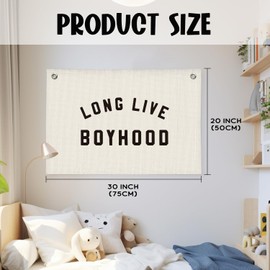 Wheatwin "Long Live Boyhood" Wall Banner 20x30 Inch - Boys Room Decor, Linen Canvas Wall Hanging for Toddler Playroom, Rustic Nursery Sign, Adventure Theme Kids Bedroom Banner - White