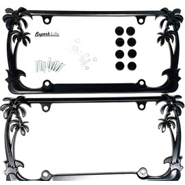 Tropical Palm Tree Chrome Polished License Plate Frame (2 Frames) with Screws Caps by Superb LNF (Black)