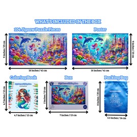 Mermaid Kingdom Jigsaw Puzzle for Kids – 104 Pieces Puzzle Set with Coloring Book, Poster, Storage Bag – Educational and Fun Learning Toy for Kids - Size 16x9 inches