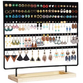 GPUSFAK Earring Holder Organizer Stand - Earrings Display Rack 145 Holes Jewelry Holder Tower with Wooden Tray for Earrings Rings Black