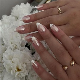 Kotkiddy Pack of 24 French Tip Press On Nails Almond Medium False Nails Chrome False Nails with Design Pearl White Glue Nails Shiny Aurora Acrylic Nails