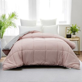 Reversible Quilt Bedding Comforter Only, Down Alternative Comforter for All Season Luxury Cozy Lightweight Soft Coverlet Classic Solid Style for All Season King, Pink & Light Gray
