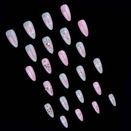 Almond Press On Nails Medium Fake Nails Heart Rhinestone With Bow Gradient Design Pink False Nails Full Cover Stick On Nails Artificial Acrylic Nails Glue On Nails For Women Manicure 24pcs