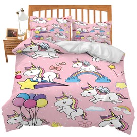 Lindo juego de ropa de cama de unicornio, juego de edredón con temática de arcoíris, decoración de recámara, funda de edredón suave para cama individual, matrimonial, tamaño Queen King con 2 fundas de