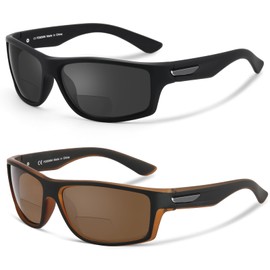 Missfive 2-Pack Mens Ultimate Bifocal Sunglasses with Readers Built In Sporty Upgraded Wrap Frame, UV400 Protection Driving & Reading Glasses for Outdoor +1.25 (Dark/Brown)