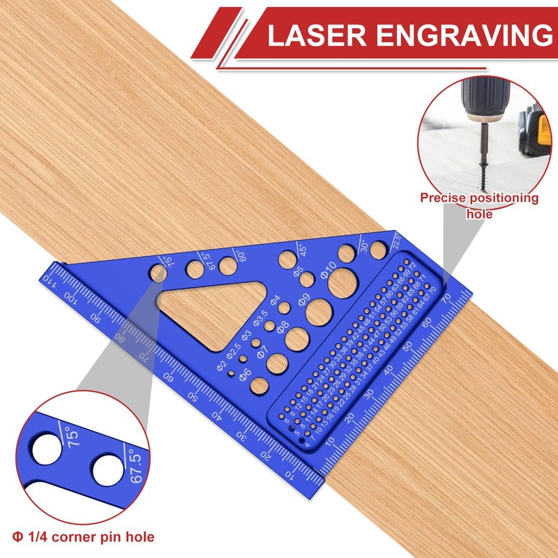 Metric 3D Multi-Angle Measuring Ruler, 22.5°-90° Degree Aluminum Alloy Woodworking