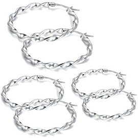 Flongo Women's 6PCS 30/35/40mm Stunning Stainless Steel Silver Large Loop Hoop Earrings Set, Women Girls Valentine Gift Huggie Hinged Hoop Earrings