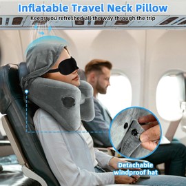 Aeroplane Inflatable Neck Pillow, Travel Pillow, Inflatable Aeroplane, Neck Pillow Adult with Headrest, Hat, Bag, Sleeping Mask, Earplugs, Travel Pillow for Travel, Car, Office (Grey)