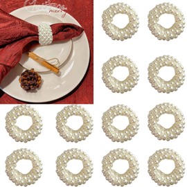 Yannies 12 Pcs Classic White Imitation Pearl Beaded Round Napkin Rings, Napkin Holders for Wedding Banquet Home Party Decoration Dining Table
