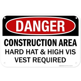 Danger Construction Area Hard Hat High Vis Vest Required OSHA Sign, 12x18 Inches, 55 mil thick HDPS (high density polystyrene), Made in USA by My Sign Center