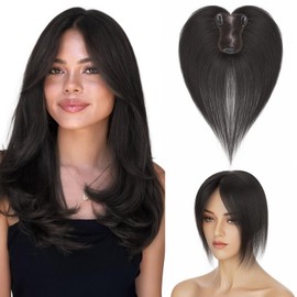 SLEEKALON 360° Cover Real Human Hair Topper for Women, Natural Black Hair Toppers No Bangs Full Hand-tied Silk Base Topper Hair Piece for Thin Hair Cover Grey Hair Root (Natural Black)