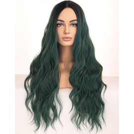 BERON Dark Green Wigs for Women Long Curly Wavy Hair Wig for Girls Black Ombre Green Middle Part Heat Resistant Synthetic Hair Wigs for Daily Used