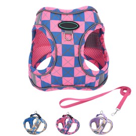 Step in Dog Harness and Leash Set, Plaid Adjustable Easy Walk Puppy Harnesses, Soft Mesh Pet Vest Harness Small Size Dog Adjustable No Pull Dog Harness for Small Medium Dogs(Blue Pink, XS)