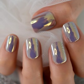 Metallic Press On Nails Short Round Fancy Unique Gorgeous Art Cute Life Wedding Date Faux Ongles 24pcs