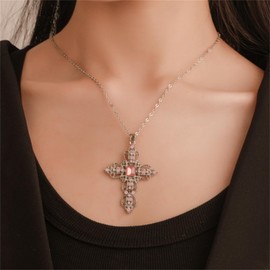 Dreuyet Bohemian Cross Necklaces for Women Dainty Vintage Alloy CZ Cross Pendant Necklaces Charm Gothic Religious Necklace (pink)