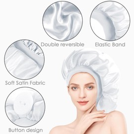 Adorila Long Satin Bonnet for Women, Double Layer Silk Bonnet with Stretchy Band, Sleeping Cap with Button for Braids Curly Hair (Silver)