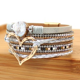 P Ammy Fashion® Women's Multi-layer Love Heart Leather & Crystals Wrap Bracelets Boho Bohemian Cuff with Magnetic Clasp Jewelry Gift, created quartz