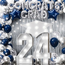 Graduation Decoration 2024, 90 PCS Navy Blue and Silver Grad Party Supplies with 3FT Marquee Light Up Sign 24 & Grad Cap, Balloons Garland Arch Kit for Preschool Kindergarten High School College Decor