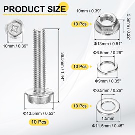 sourcing map M6 x 30mm Flanged Hex Head Bolts, 10Pcs 304 Stainless Steel Flange Hexagon Screws with Nuts, Flat & Lock Washers, Fully Threaded, for Machinery Industry Home Appliances